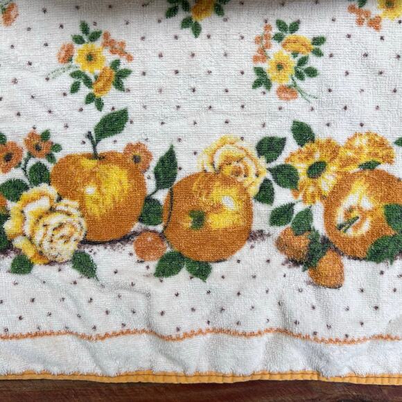 Vintage 70s Terry Cloth Half Apron Fruit Floral Print Retro Oranges Apples Roses - Picture 4 of 12